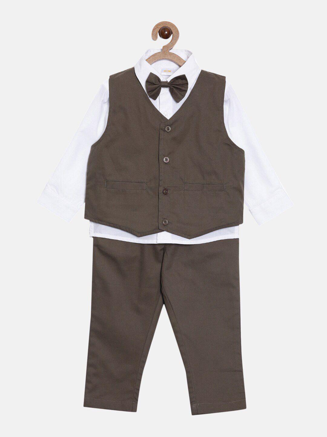 aomi boys olive green & white coat with trousers & bow tie