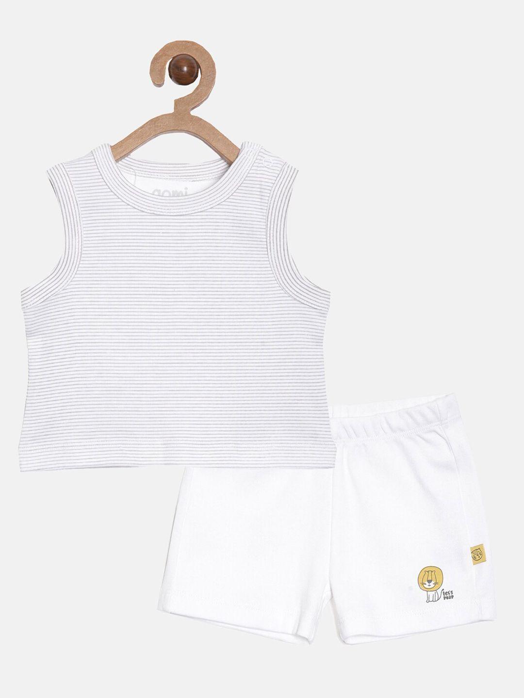 aomi boys white & grey printed cotton top with shorts clothing set
