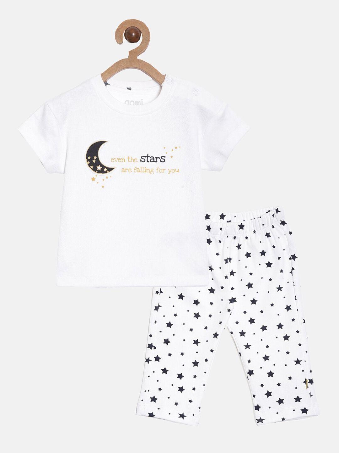 aomi boys white & navy blue printed pure cotton t-shirt with trousers