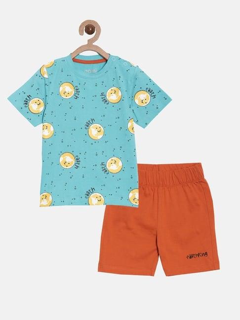 aomi kids blue & orange cotton printed t-shirt set