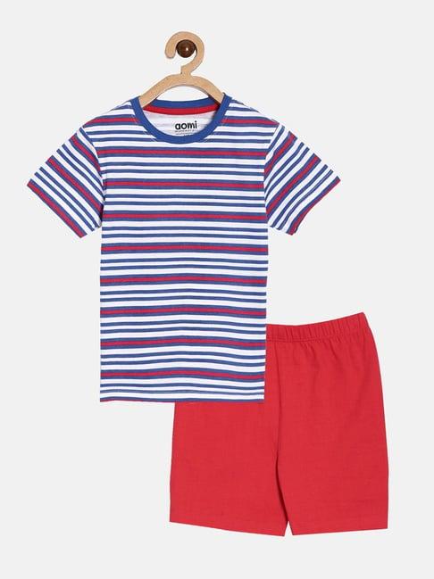 aomi kids blue & red cotton striped t-shirt set
