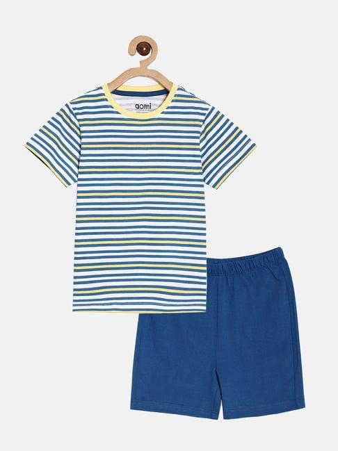 aomi kids blue cotton striped t-shirt set