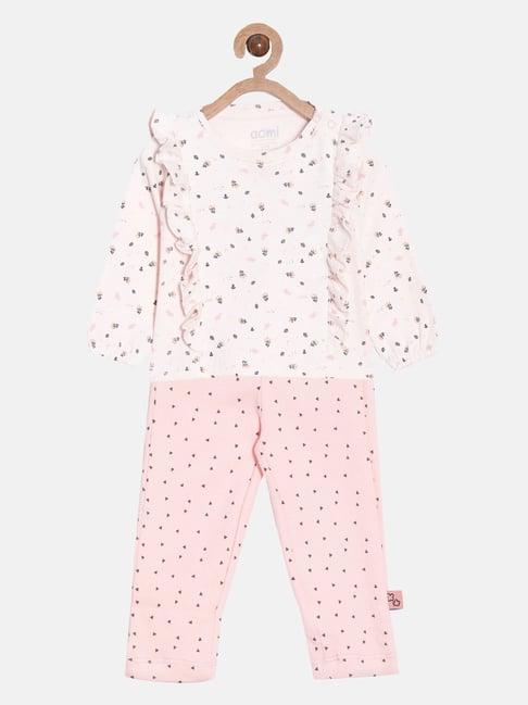 aomi kids light pink printed full sleeves top with pants