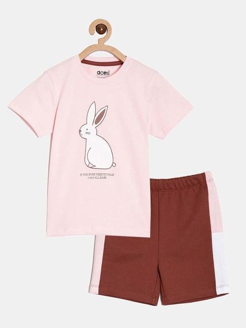 aomi kids pink & brown cotton printed t-shirt set