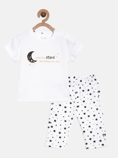 aomi kids white & black cotton printed t-shirt set