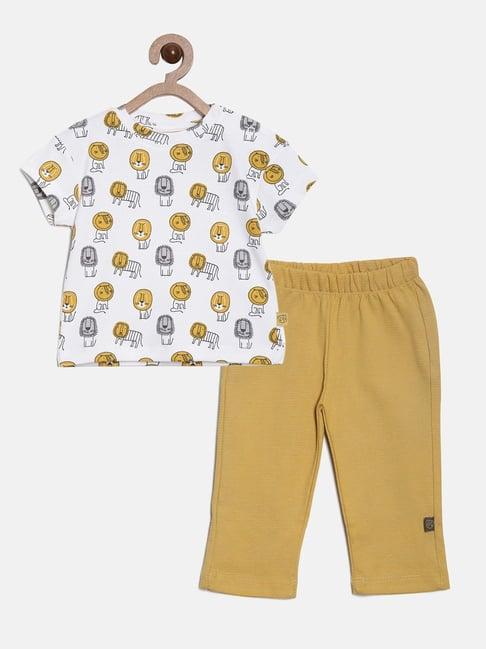 aomi kids white & mustard cotton printed t-shirt set