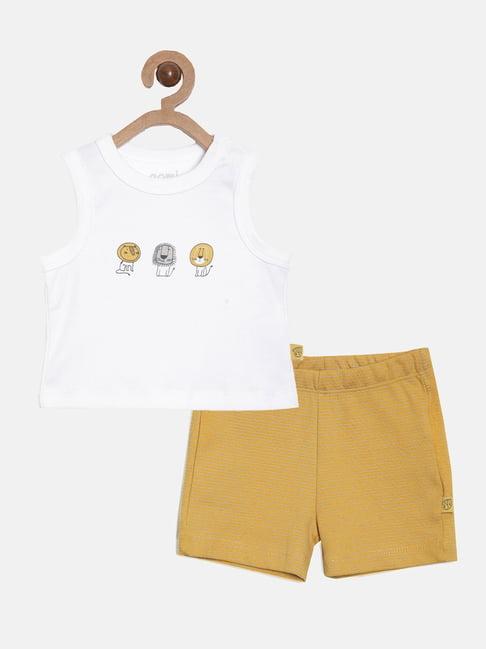 aomi kids white & mustard cotton printed vest set