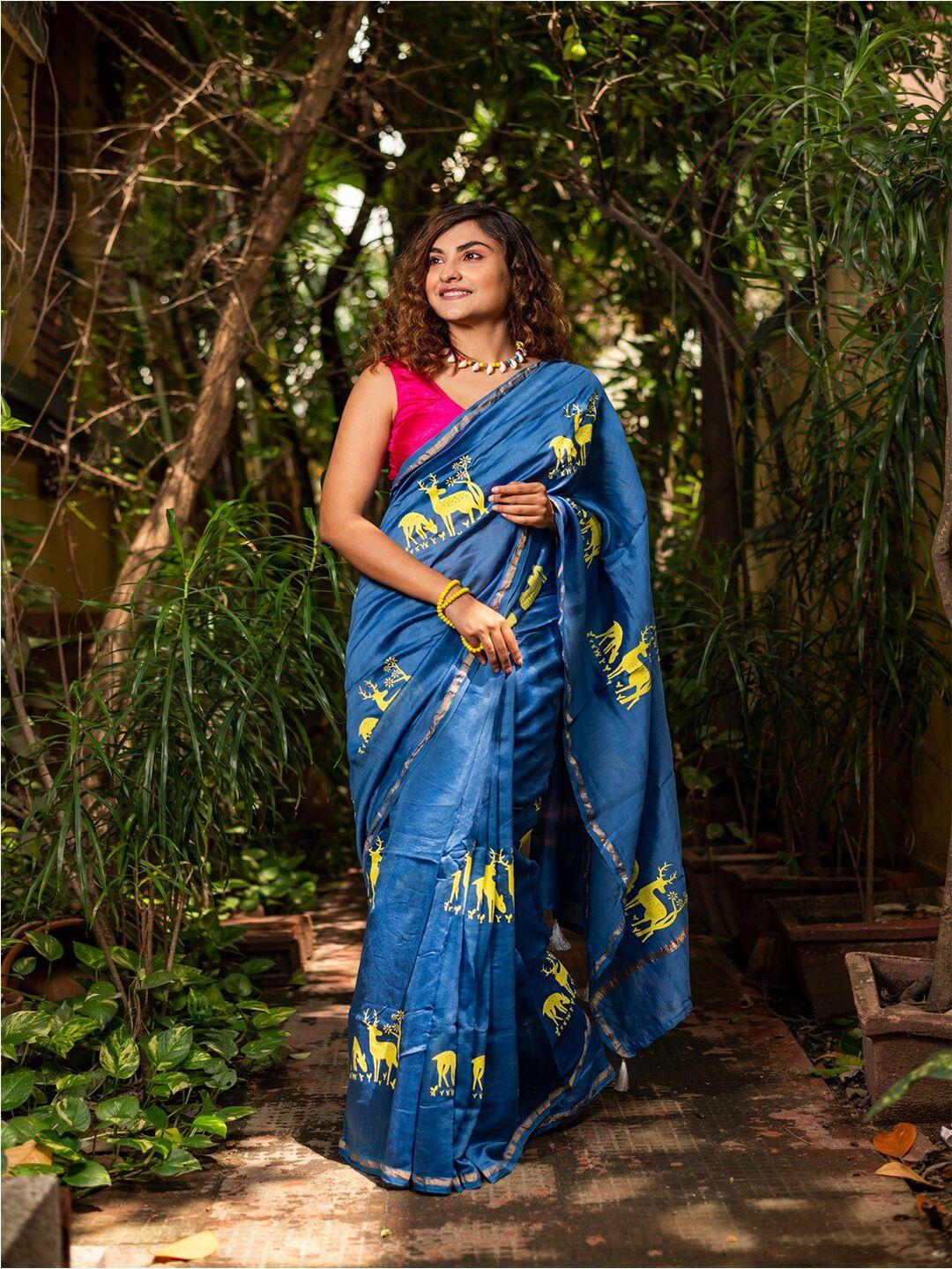 apaapi threads of glory ethnic motifs printed chanderi silk block print saree