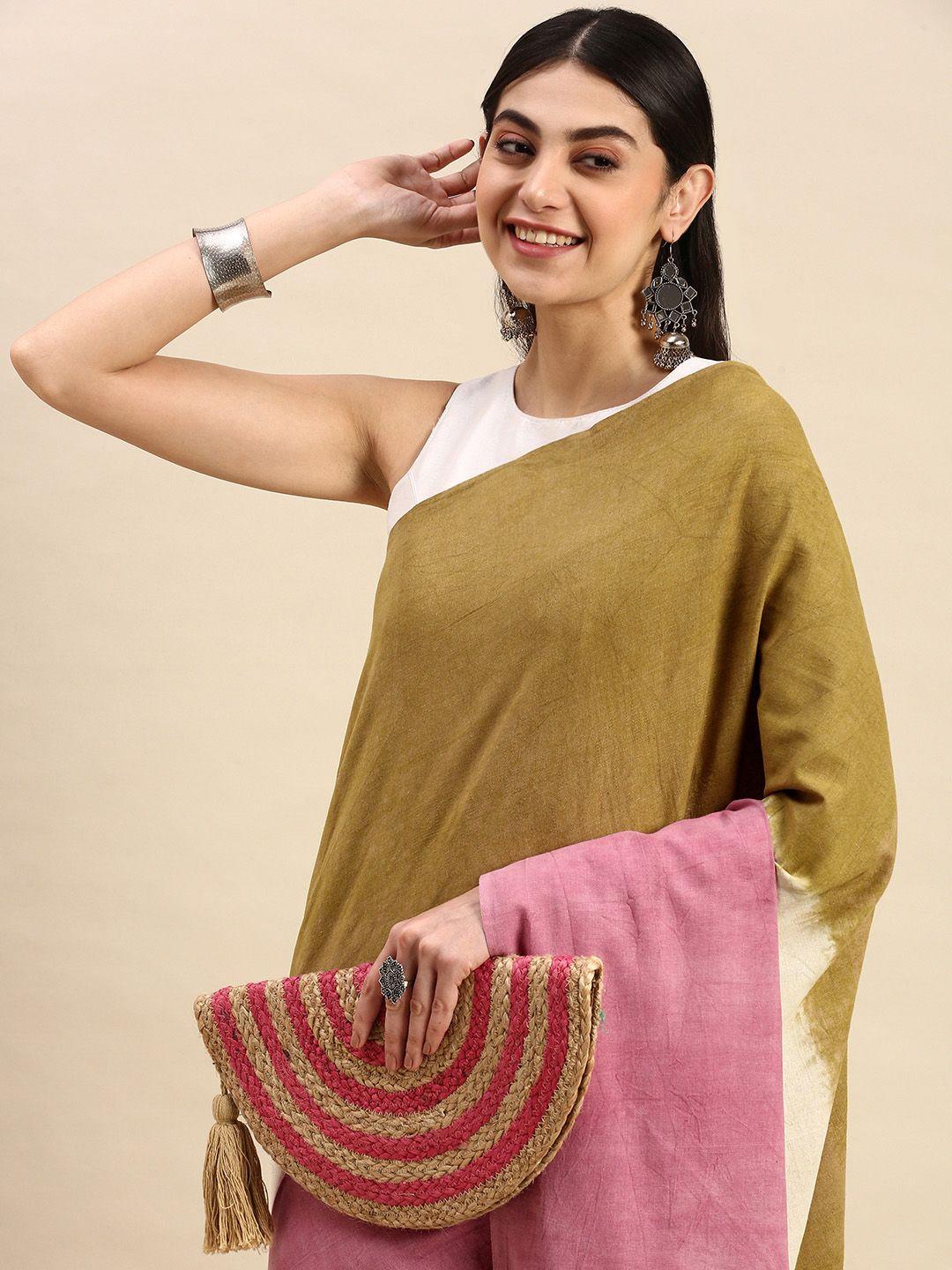 apaapi threads of glory pink & olive green tie and dye pure cotton saree