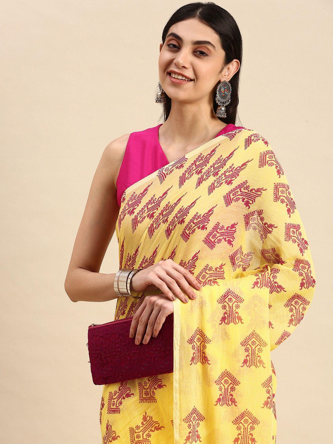 apaapi threads of glory yellow & pink ethnic motifs pure cotton saree