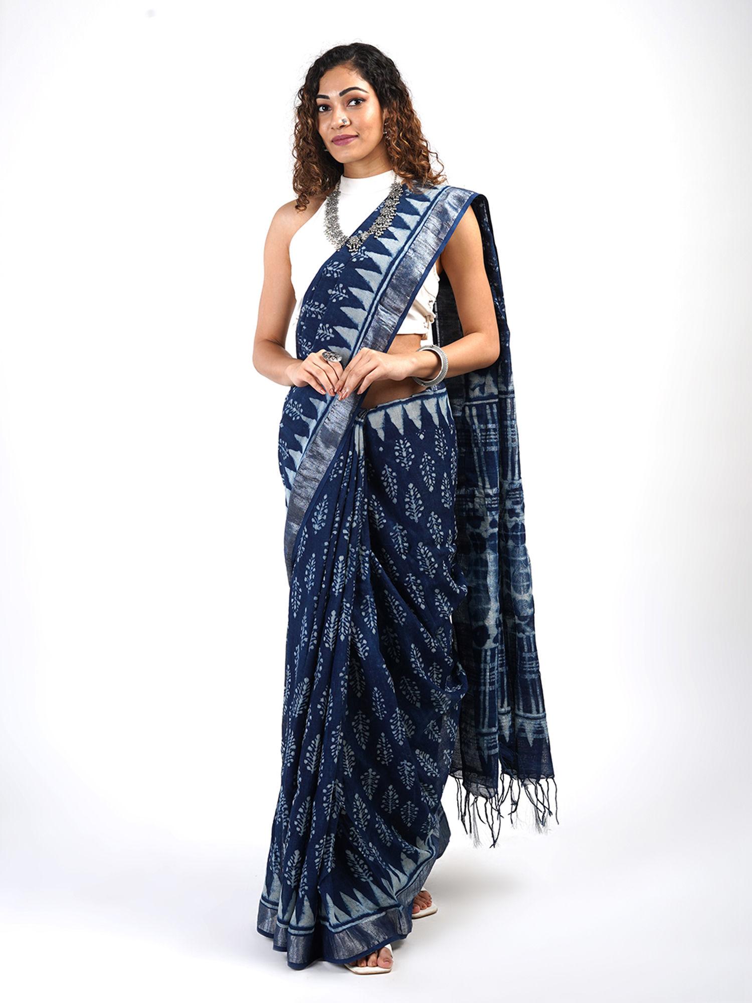 aparajita indigo block print linen cotton saree with unstitched blouse