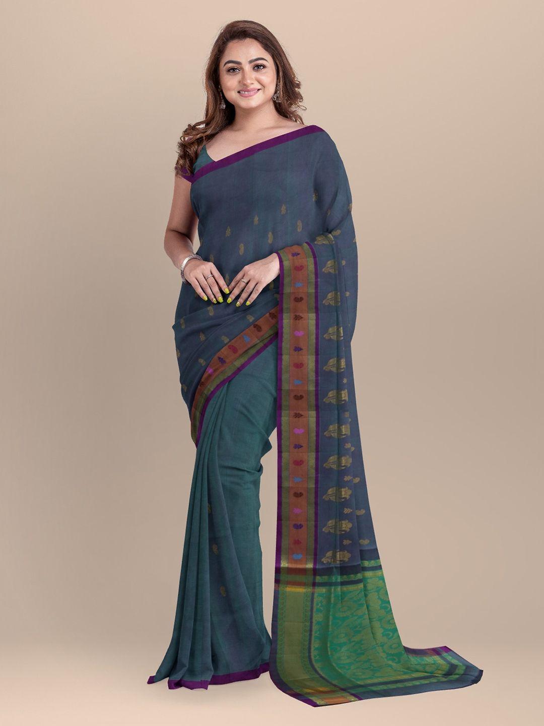apco green & blue pure cotton printed saree