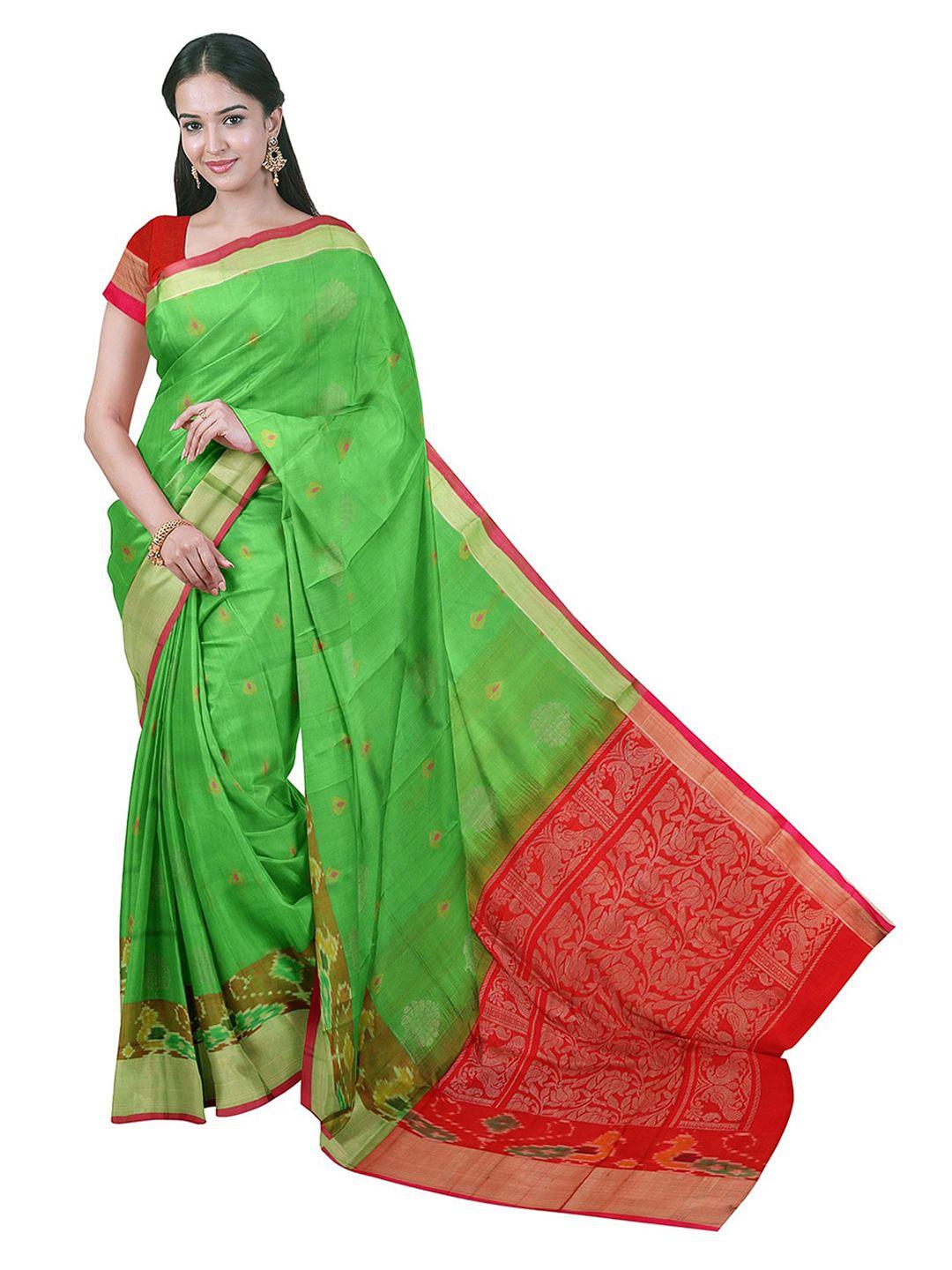 apco green & red silk cotton printed saree