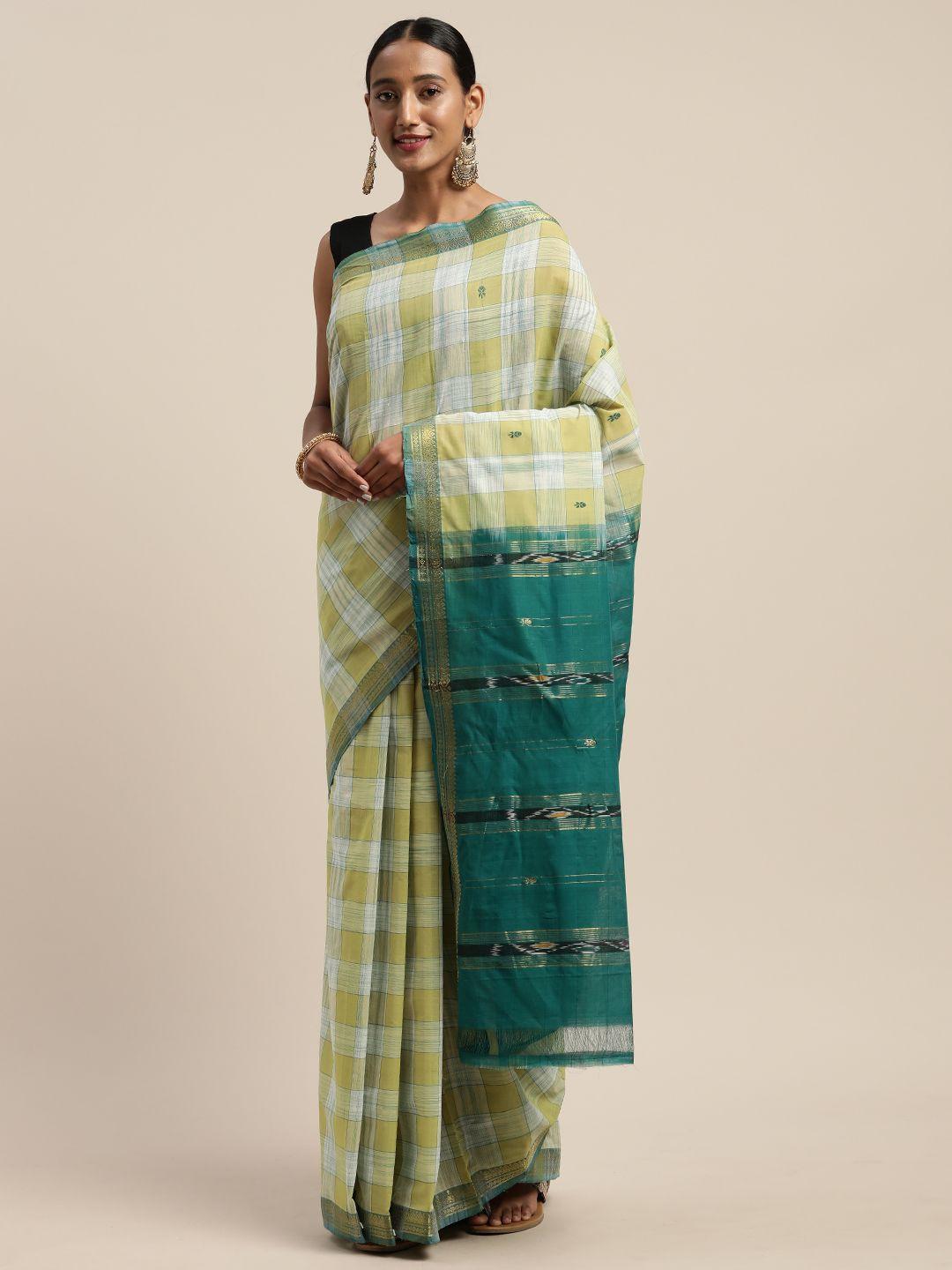 apco lime green & white pure cotton checked sustainable saree