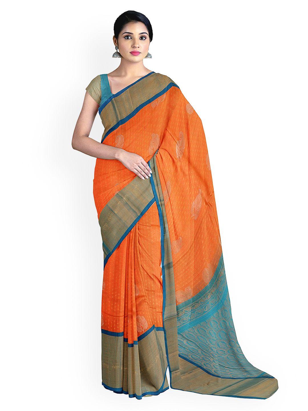 apco orange woven design handloom silk cotton sustainable saree