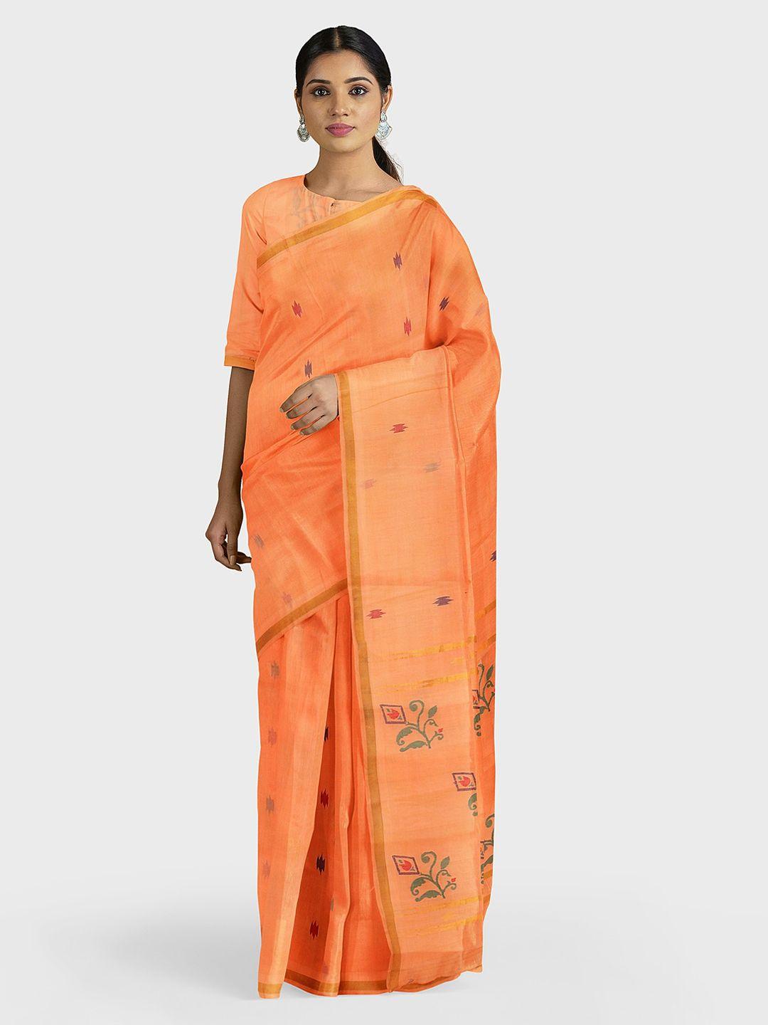 apco orange woven design pure cotton saree