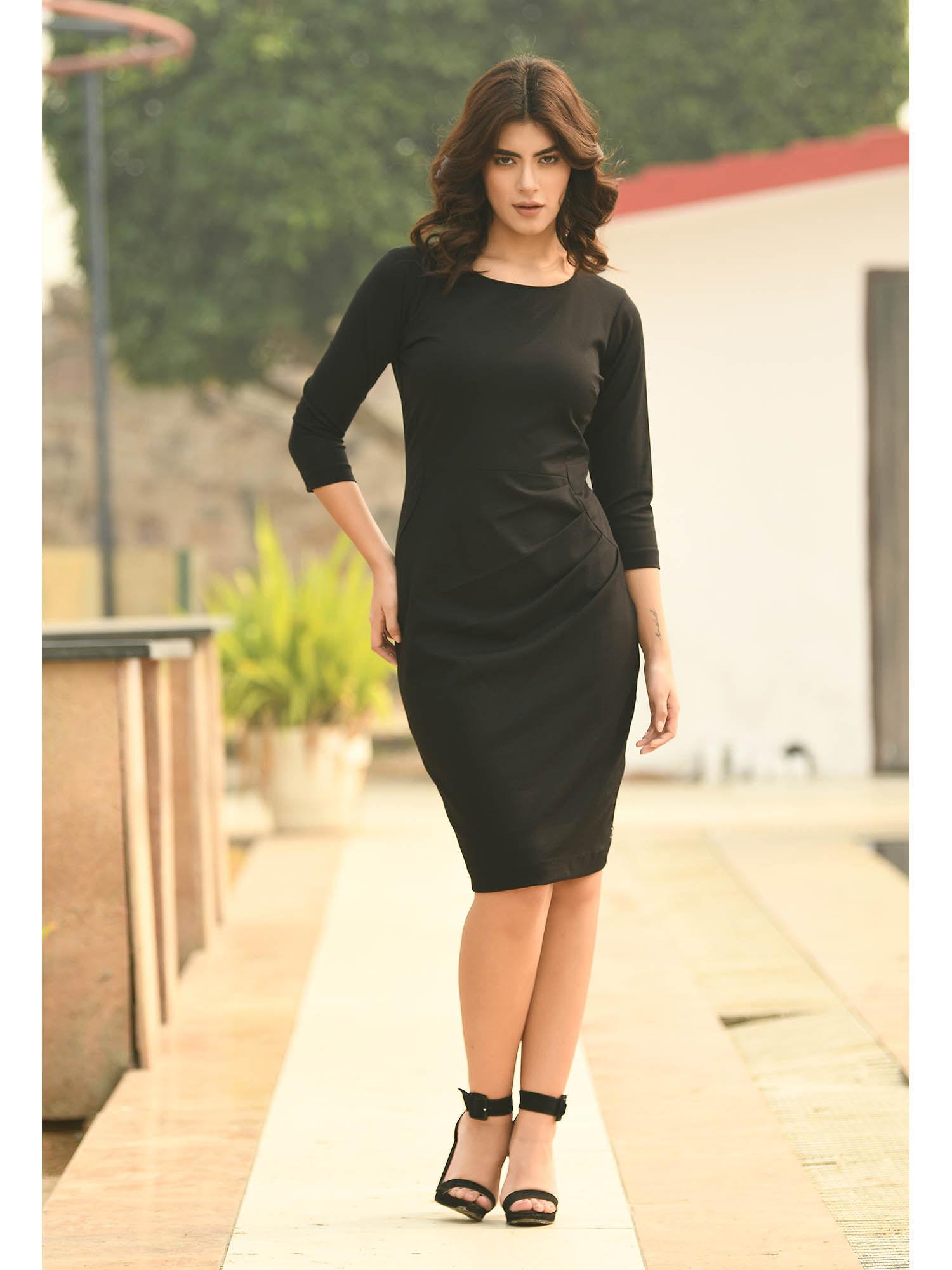 apex side pleat sheath dress - black