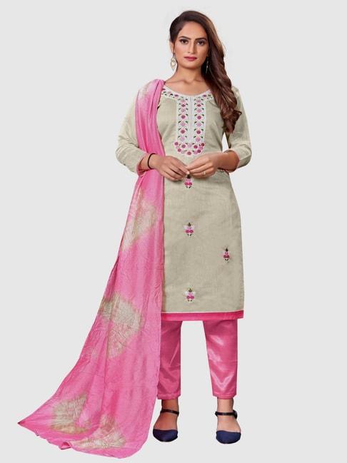 apnisha beige & pink embroidered unstitched dress material