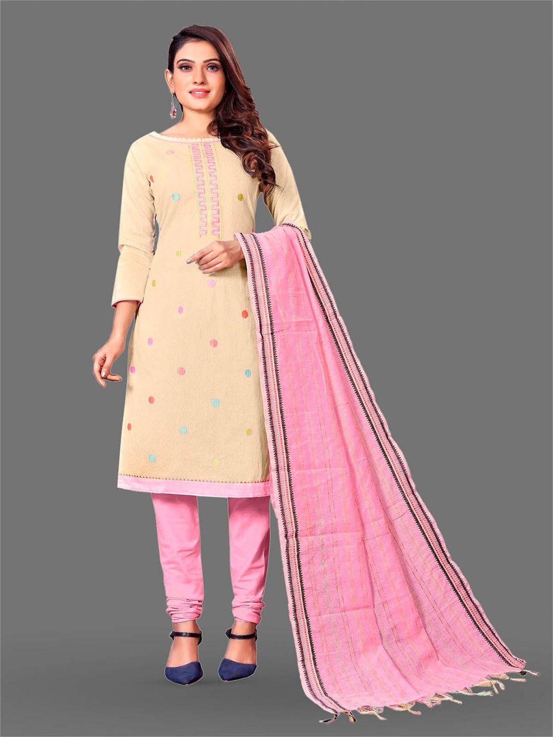 apnisha beige & pink printed pure cotton unstitched dress material