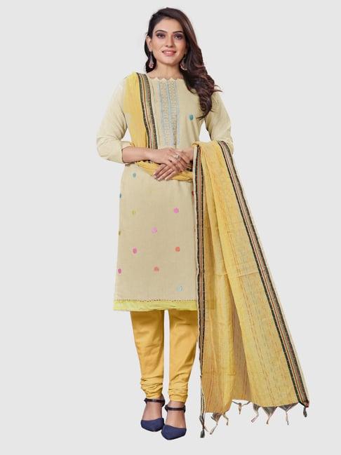 apnisha beige & yellow pure silk embroidered unstitched dress material