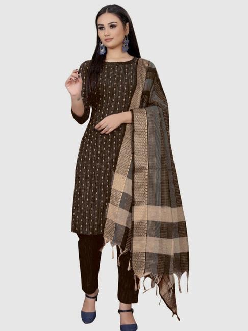 apnisha brown cotton embroidered unstitched dress material
