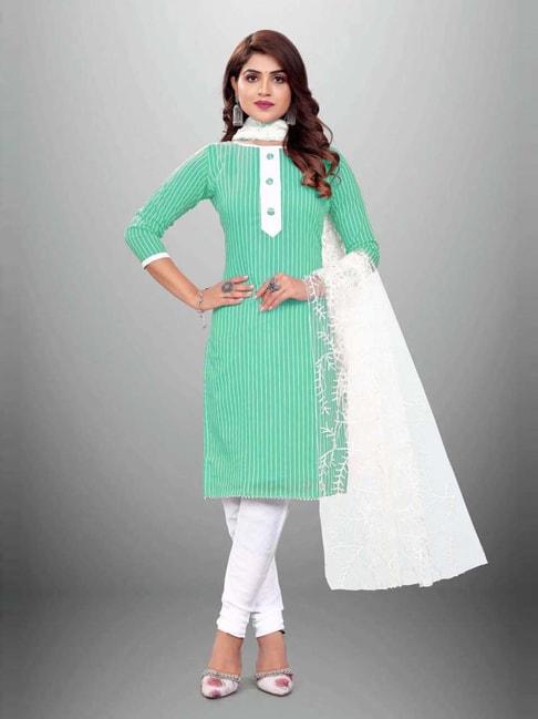 apnisha green & white cotton striped unstitched dress material