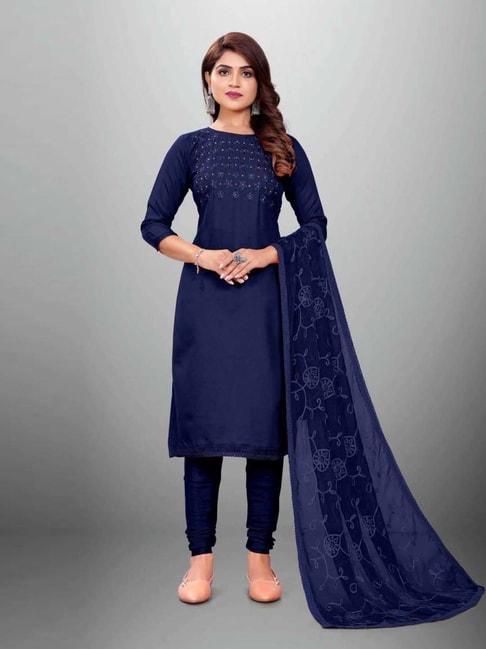 apnisha navy cotton embroidered unstitched dress material