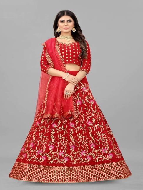 apnisha red embroidered semi stitched lehenga choli set with dupatta