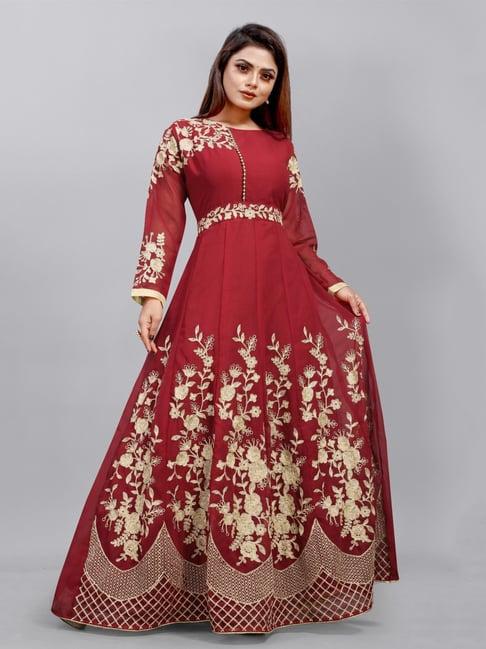 apnisha red embroidered semi-stitched gown