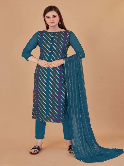 apnisha teal blue cotton striped unstitched dress material
