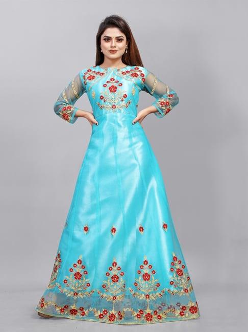apnisha turquoise embroidered semi-stitched gown