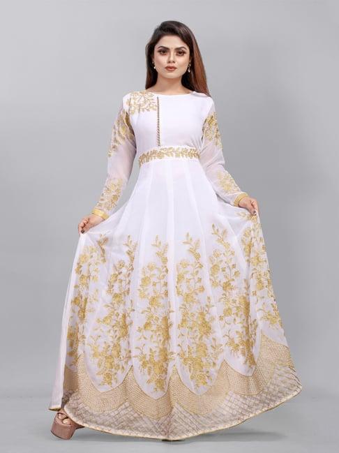 apnisha white embroidered semi-stitched gown