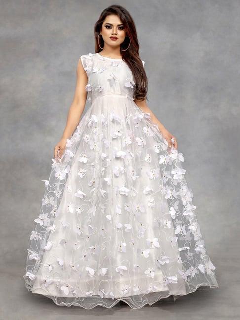 apnisha white embroidered semi-stitched gown