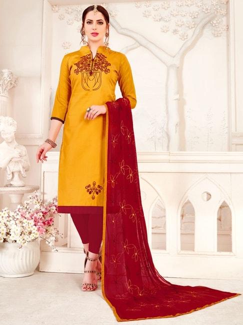apnisha yellow & maroon embroidered unstitched dress material