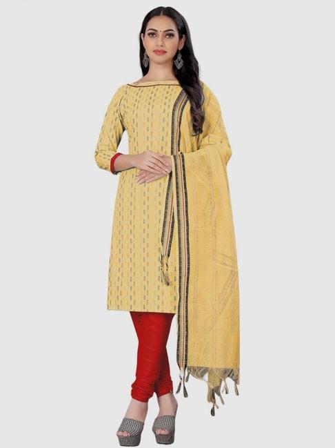 apnisha yellow & red cotton striped unstitched dress material