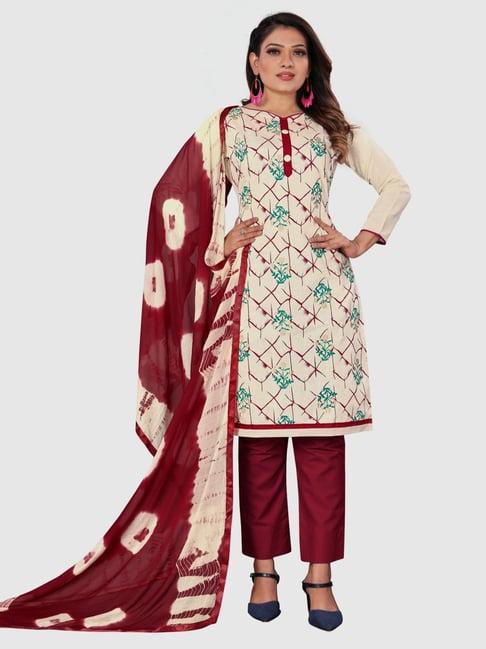 apnisha beige & maroon cotton printed unstitched dress material