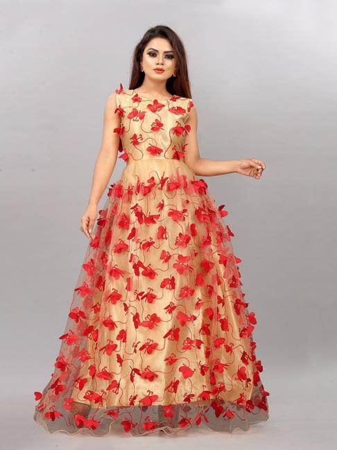 apnisha beige & red embroidered semi-stitched gown
