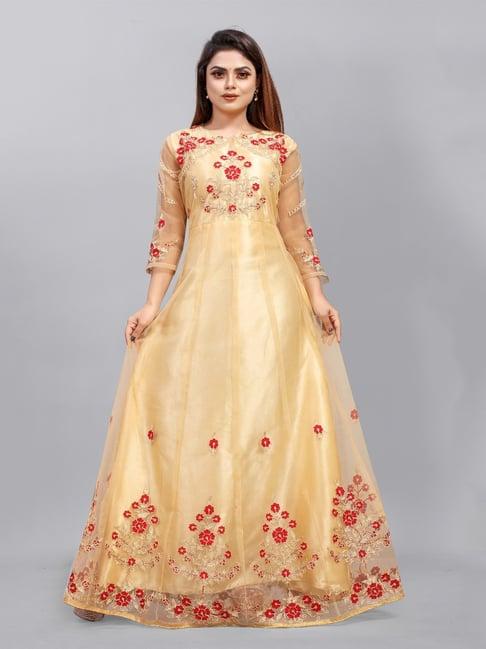 apnisha beige embroidered semi-stitched gown