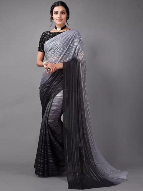apnisha black & grey striped saree with unstitched blouse