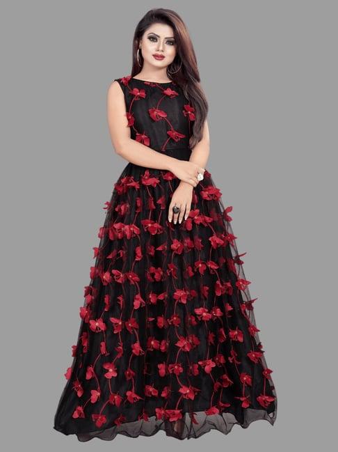 apnisha black & red embroidered semi-stitched gown
