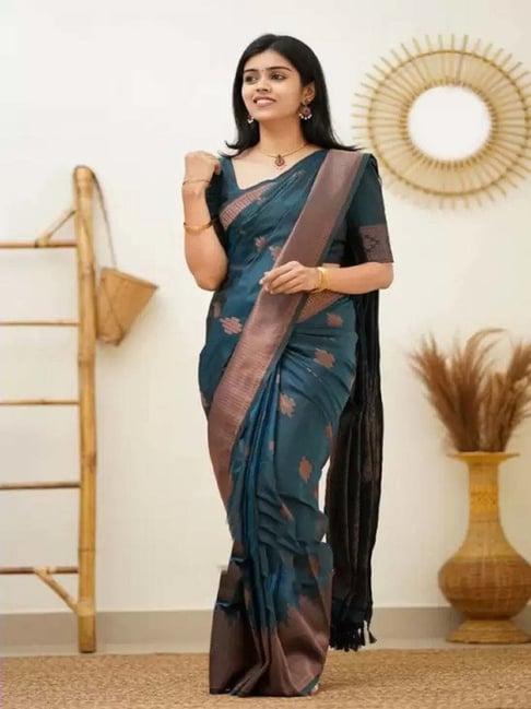 apnisha blue & copper brown silk woven saree with unstitched blouse