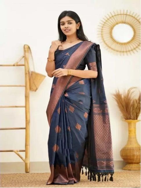 apnisha blue & copper brown silk woven saree with unstitched blouse