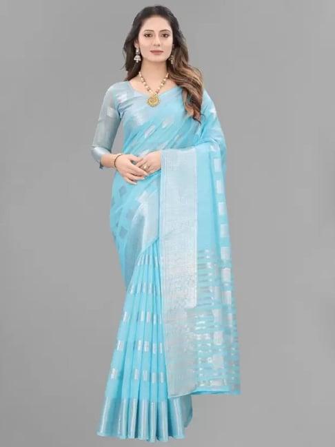 apnisha blue & silver cotton woven saree with unstitched blouse