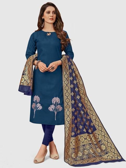 apnisha blue cotton embroidered unstitched dress material