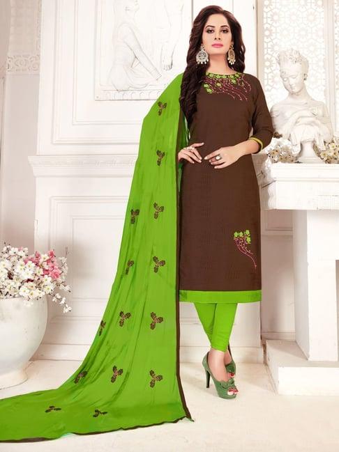 apnisha brown & green embroidered unstitched dress material
