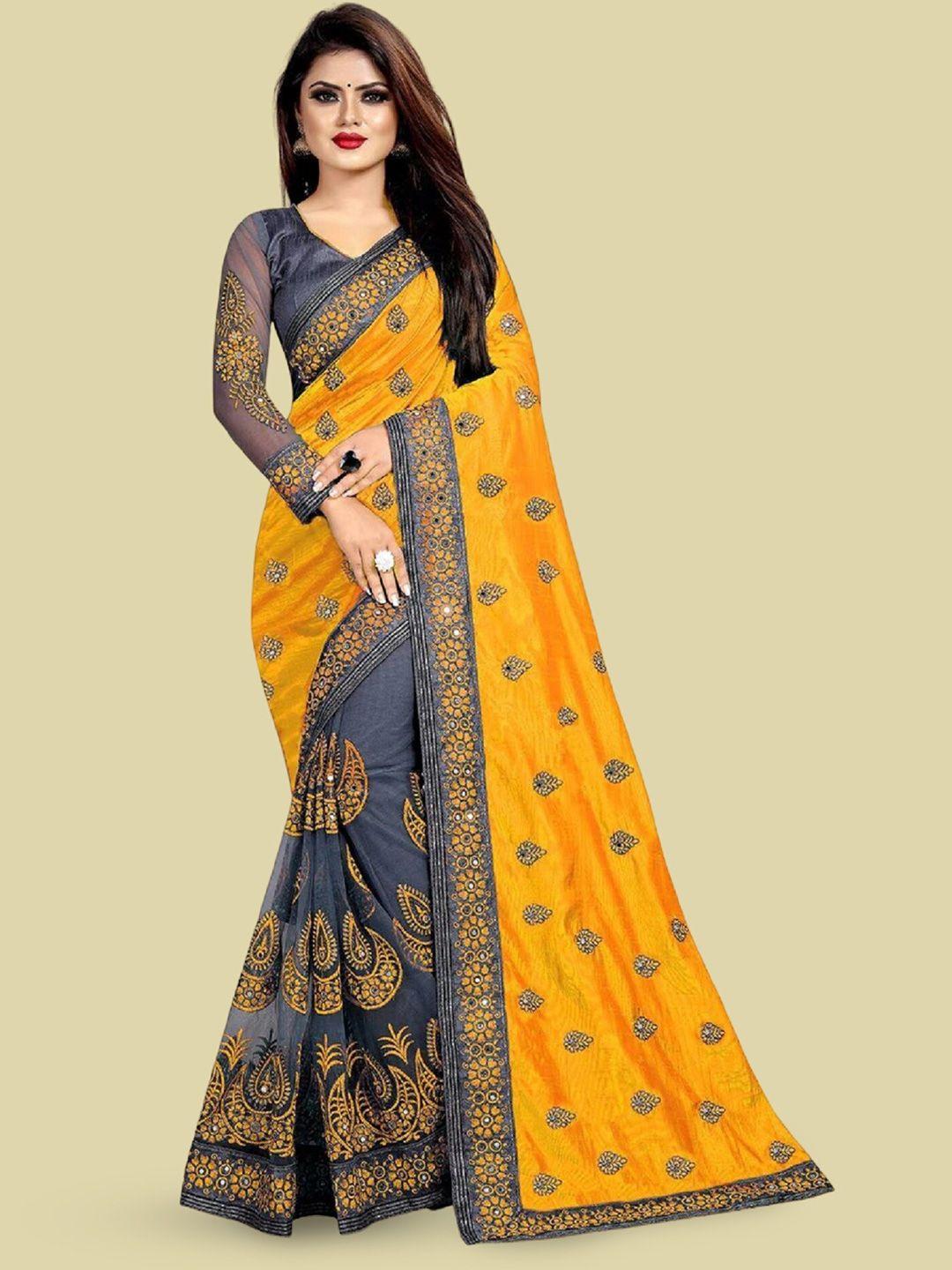 apnisha ethnic motifs embroidered pure silk half and half saree