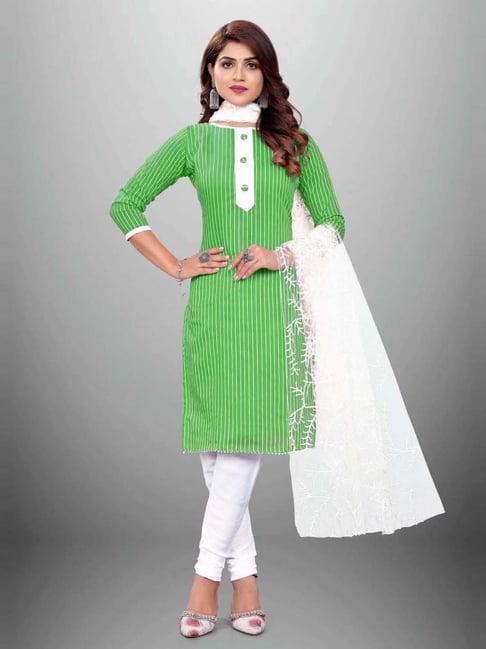 apnisha green & white cotton striped unstitched dress material
