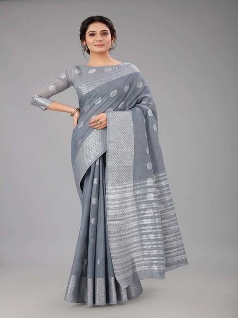 apnisha grey & silver woven saree with unstitched blouse