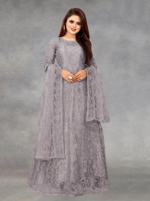 apnisha grey embroidered semi-stitched gown