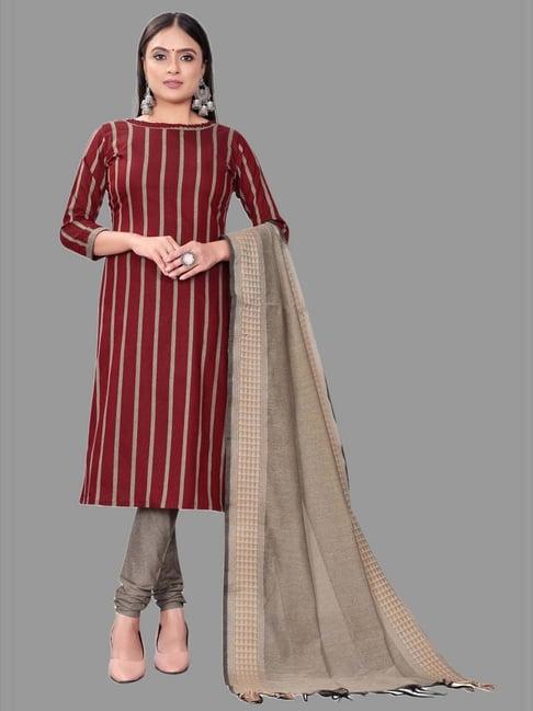 apnisha maroon cotton striped unstitched dress material